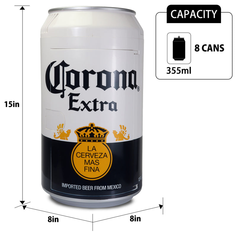 Product shot of Corona can-shaped 8 can mini fridge, closed, on a white background with dimensions labeled. Inset text with can icon reads, "Capacity: 8 cans (355 mL)"