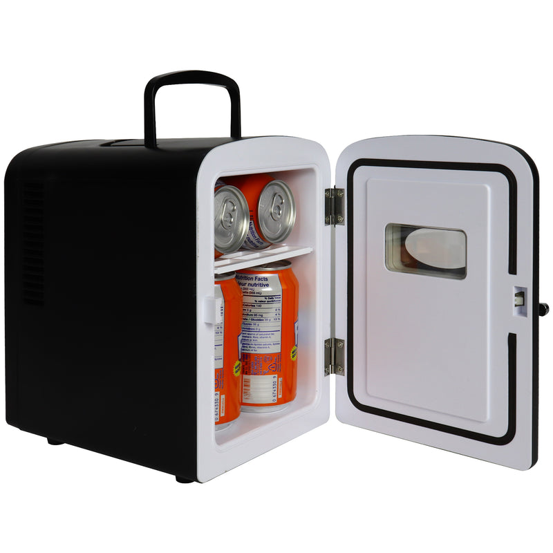 Product shot of Koolatron retro 6 can mini fridge open with 6 cans of soda inside on a white background
