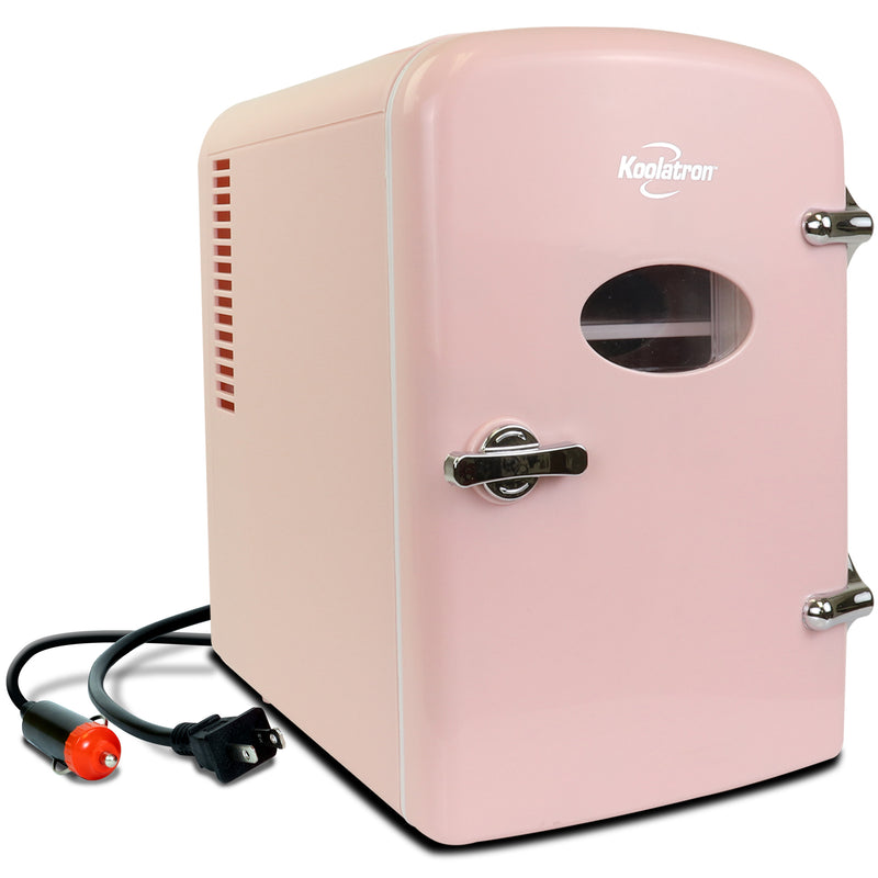 Product shot of Koolatron retro 4L mini fridge, closed, with AC and DC power cords visible, on a white background