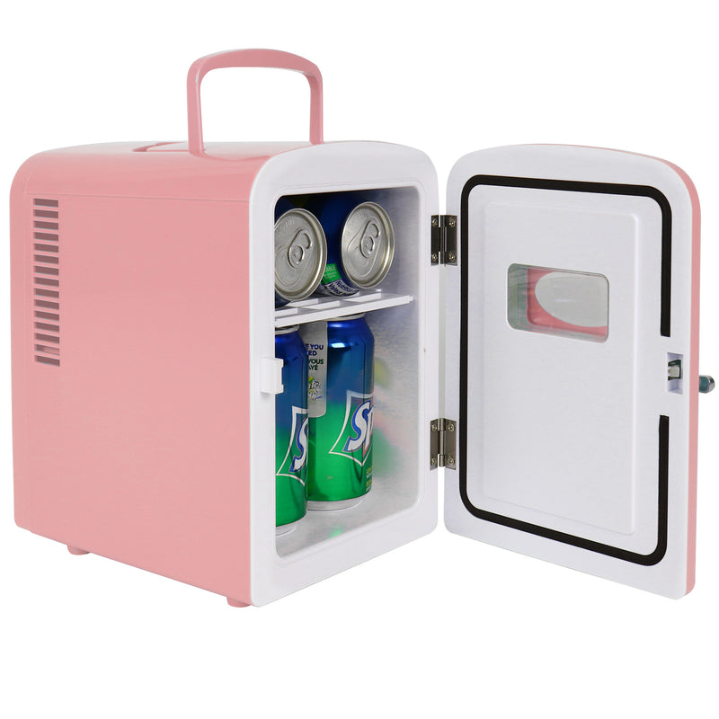 Product shot of Koolatron retro 6 can mini fridge open with 6 cans of soda inside on a white background