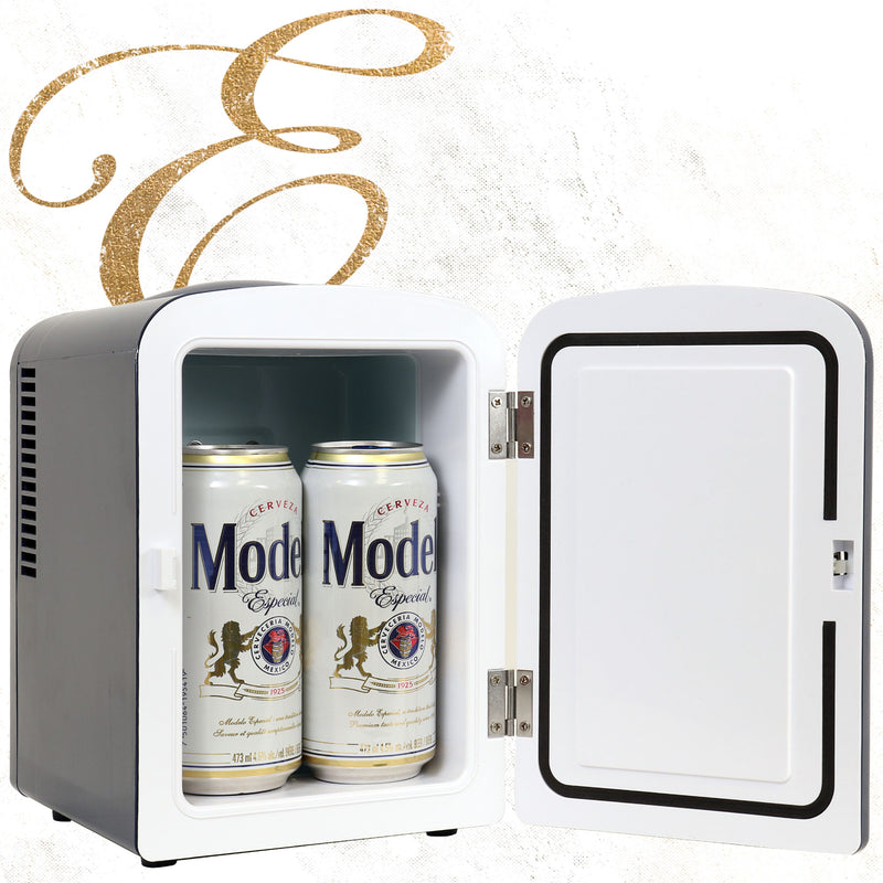 Product shot of Modelo 6 can mini fridge open with 4 tallboy cans of Modelo Especial inside on a marbled white background