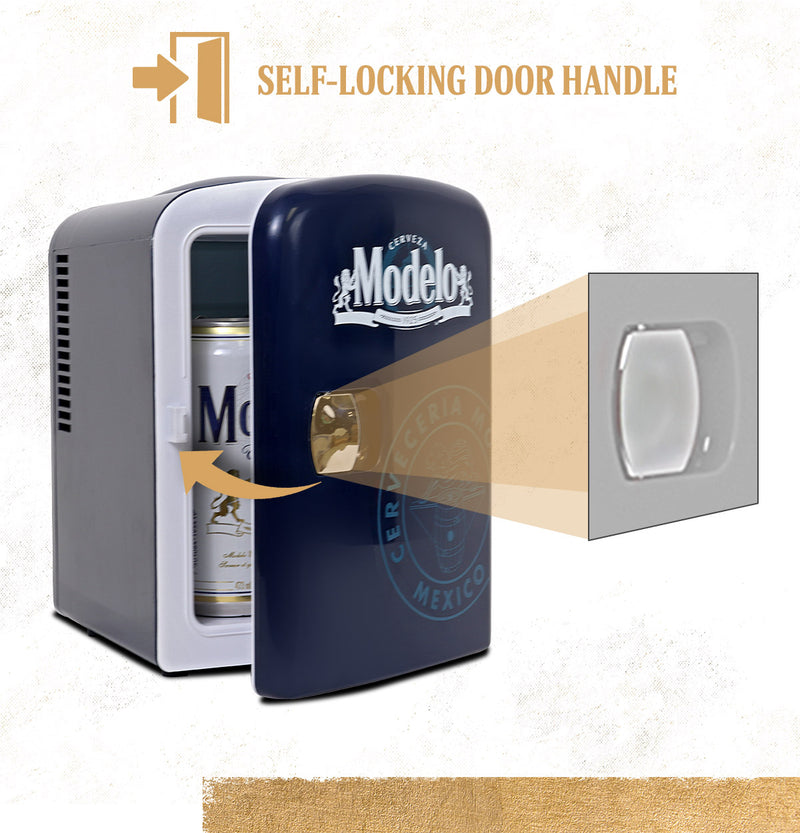 Product shot of Modelo 12V mini fridge, partly open with tallboy beer cans inside, on a marbled white background, with an arrow pointing to the latch mechanism and an inset closeup of the door handle. Text and icons above describe: Self-locking door handle