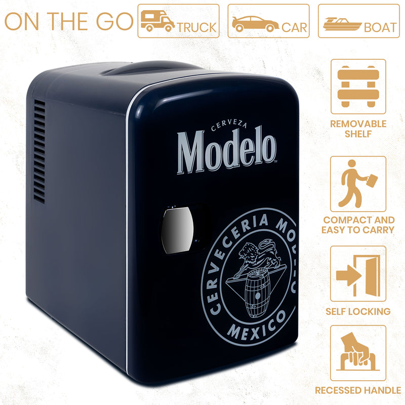 Product shot of Modelo 12V mini fridge on a marbled white background. Text and icons above describe: On the go - truck car boat. Text and icons to the right describe: Removable shelf; compact and easy to carry; self-locking; recessed handle