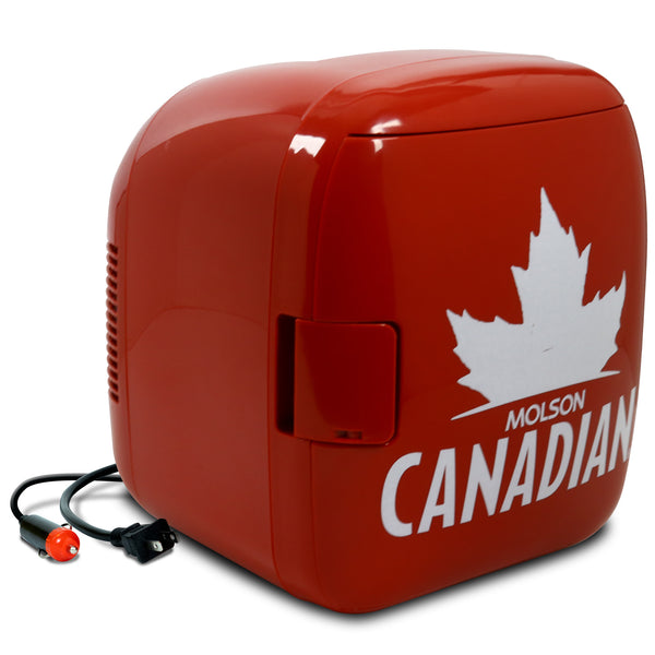 Product shot of Molson Canadian 12 can cooler/warmer, closed, on a white background with AC and DC power cords visible