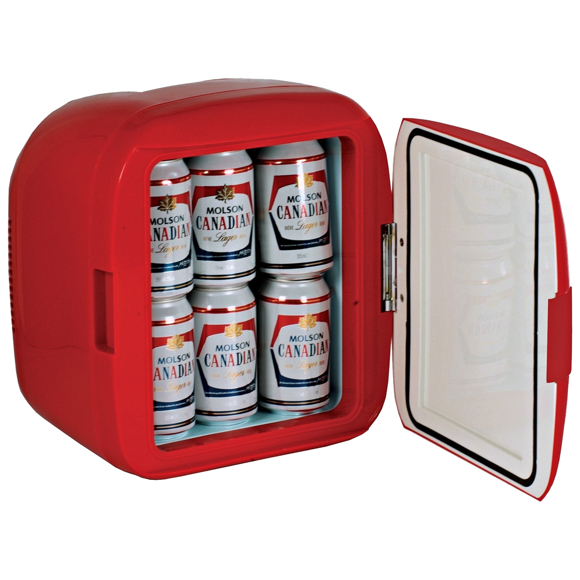 Product shot of Molson Canadian 12 can cooler/warmer, open with 12 cans of Molson Canadian beer inside, on a white background