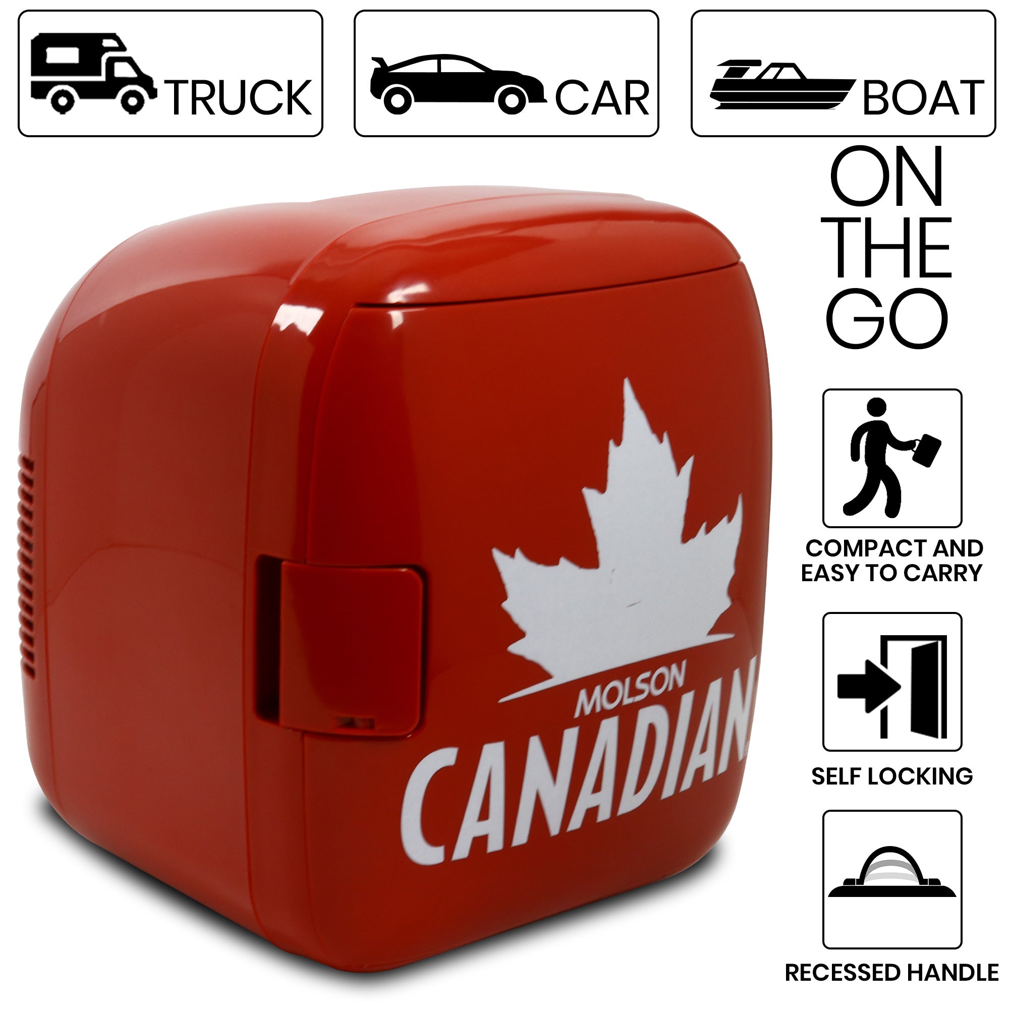 Product shot of Molson Canadian 12 can cooler/warmer, closed. Text and icons above describe: On the go - truck car boat. Text and icons to the right describe: Compact and easy to carry; self-locking; recessed handle