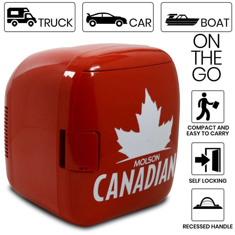 Product shot of Molson Canadian 12 can cooler/warmer, closed. Text and icons above describe: On the go - truck car boat. Text and icons to the right describe: Compact and easy to carry; self-locking; recessed handle