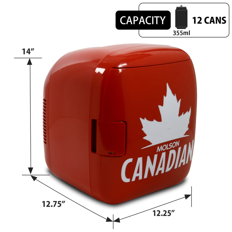 Product shot of Molson Canadian 12 can cooler/warmer, closed, on a white background with dimensions labeled. Inset text and icons describes: Capacity - 12 cans 355 mL
